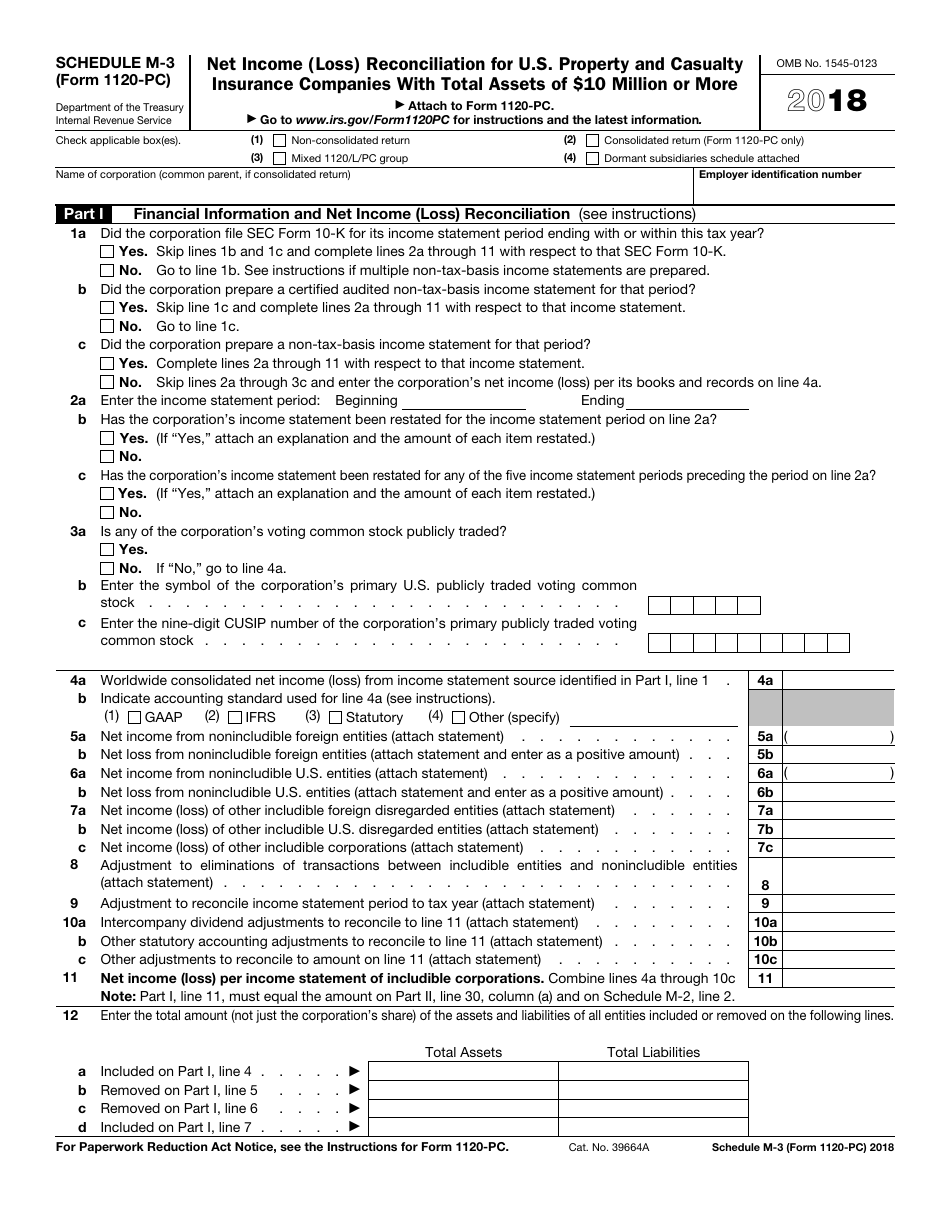 IRS Form 1120-PC Schedule M-3 Net Income (Loss) Reconciliation for U.S. Property and Casualty Insurance Companies With Total Assets of $10 Million or More, Page 1