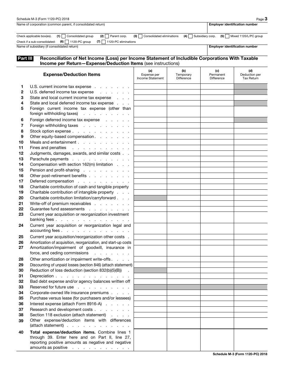 IRS Form 1120-PC Schedule M-3 Net Income (Loss) Reconciliation for U.S. Property and Casualty Insurance Companies With Total Assets of $10 Million or More, Page 3