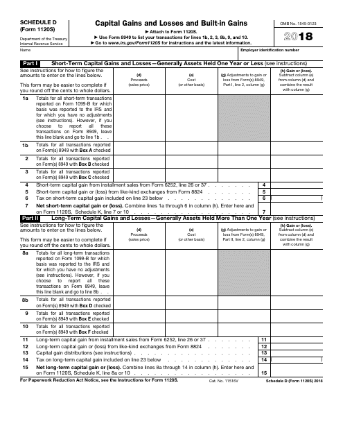 IRS Form 1120S Schedule D Capital Gains and Losses and Built-In Gains, 2018