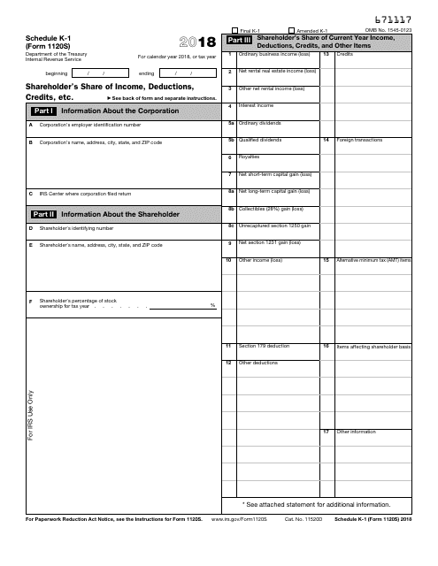 IRS Form 1120-S Schedule K-1 2018 Printable Pdf