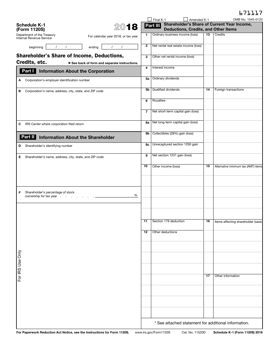IRS Form 1120-S Schedule K-1 Shareholders Share of Income, Deductions, Credits, Etc., Page 1