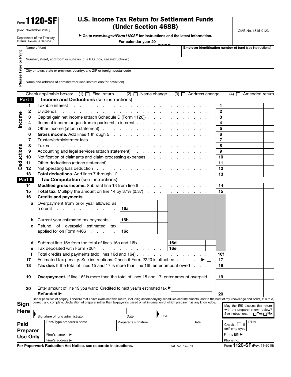 IRS Form 1120-SF U.S. Income Tax Return for Settlement Funds (Under Section 468b), Page 1