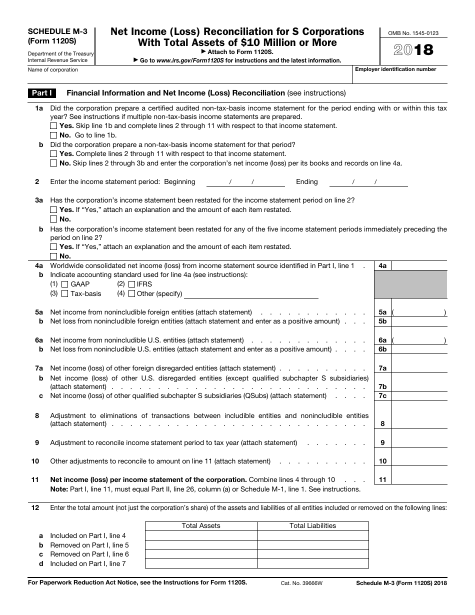 IRS Form 1120S Schedule M-3 Net Income (Loss) Reconciliation for S Corporations With Total Assets of $10 Million or More, Page 1
