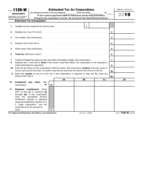IRS Form 1120-W 2019 Printable Pdf
