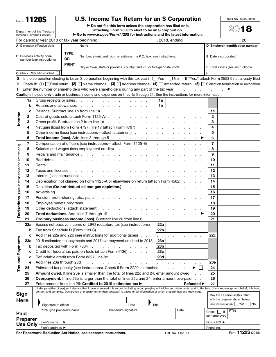 Irs Form 1120s Download Fillable Pdf Or Fill Online U S Income Tax Return For An S Corporation 2018 Templateroller