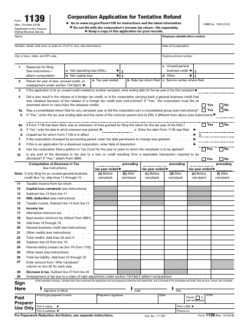 IRS Form 1139 Corporation Application for Tentative Refund