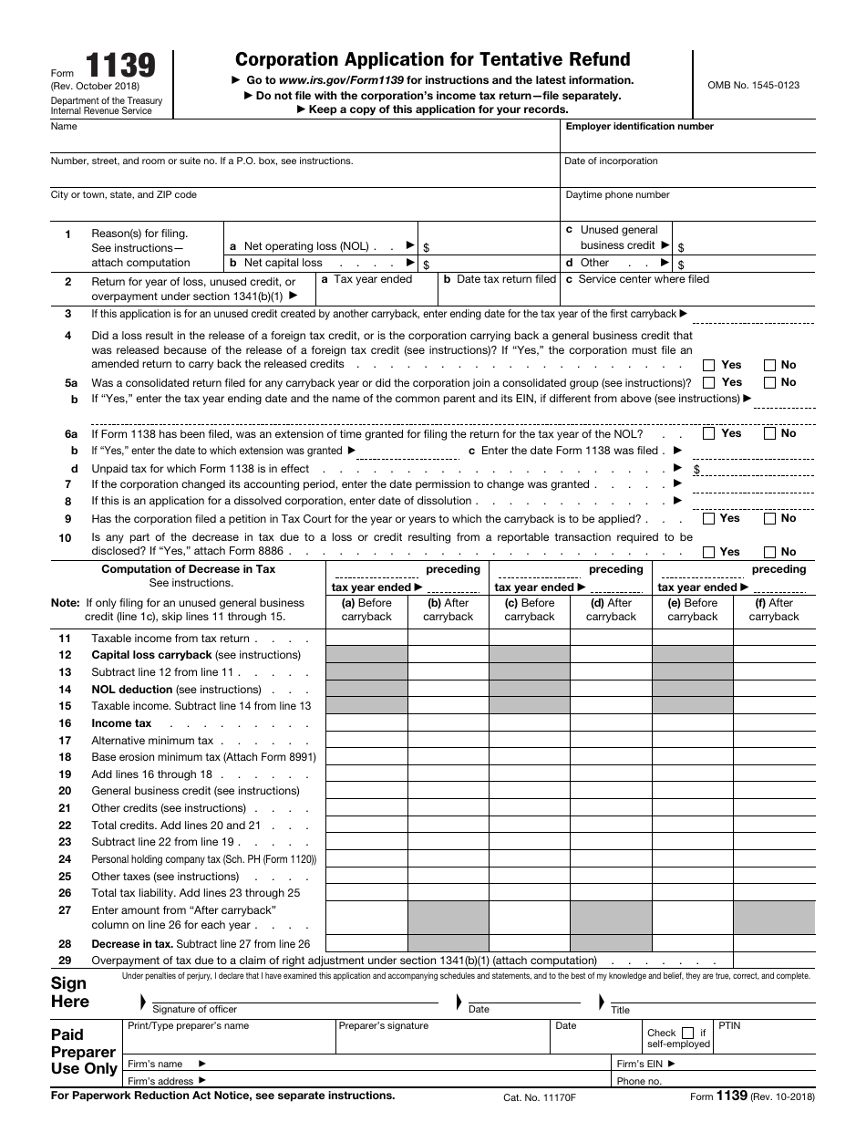 IRS Form 1139 Corporation Application for Tentative Refund, Page 1