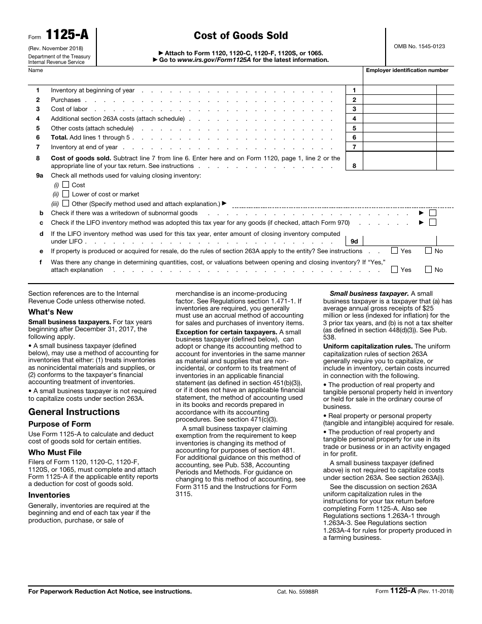 IRS Form 1125 A Download Fillable PDF Or Fill Online Cost Of Goods Sold 
