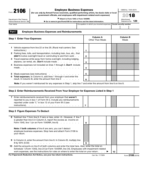 IRS Form 2106 2018 Printable Pdf
