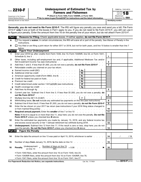 IRS Form 2210-F 2018 Printable Pdf