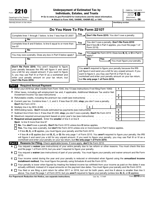 IRS Form 2210 2018 Printable Pdf