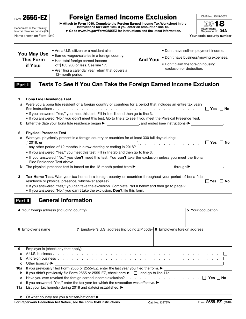 Form 2555EZ Foreign Earned Exclusion Internal Revenue
