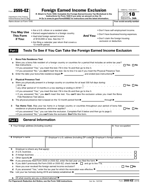 Irs Form 2555 Ez Download Fillable Pdf 2018 Foreign Earned Income