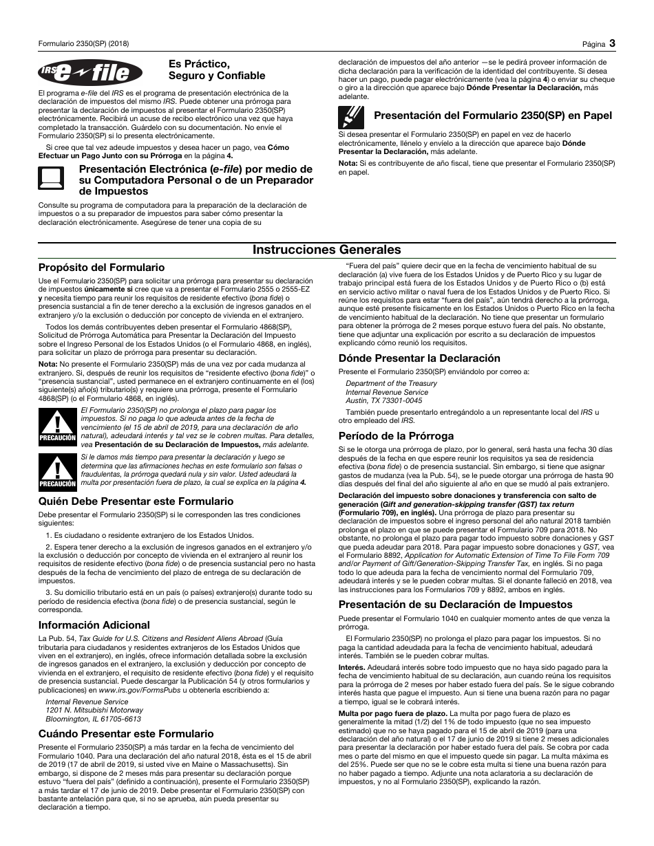 IRS Formulario 2350(SP) Solicitud De Prorroga Para Presentar La Declaracion Del Impuesto Sobre El Ingreso Personal De Los Estados Unidos (Spanish), Page 3