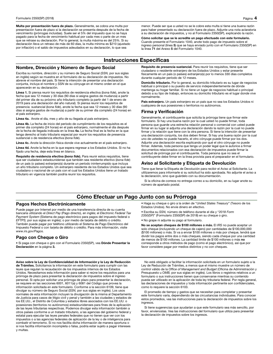 IRS Formulario 2350(SP) Solicitud De Prorroga Para Presentar La Declaracion Del Impuesto Sobre El Ingreso Personal De Los Estados Unidos (Spanish), Page 4