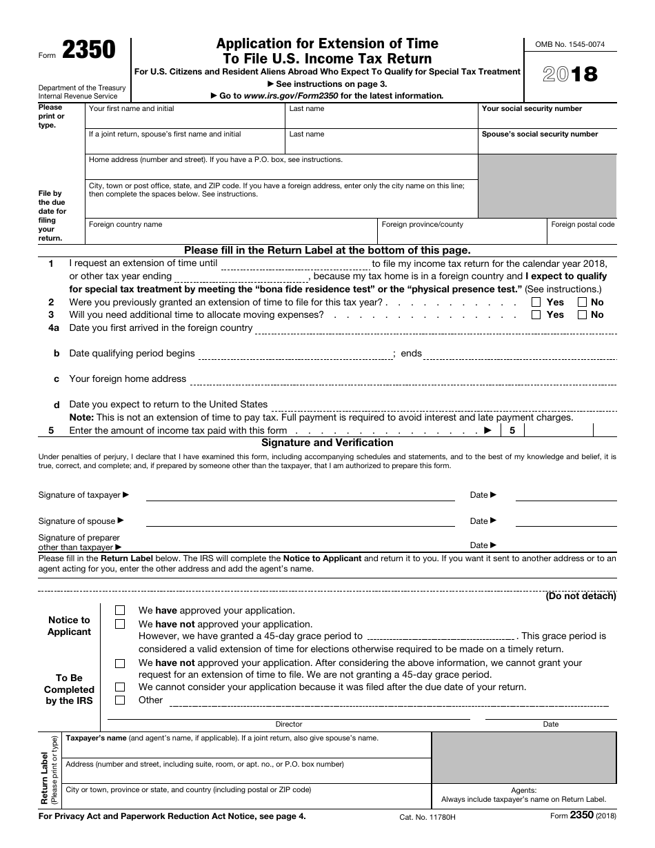IRS Form 2350 Application for Extension of Time to File U.S. Income Tax Return, Page 1