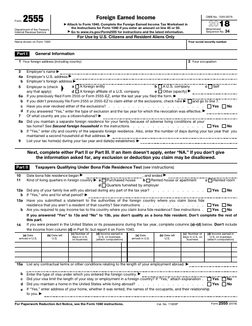 IRS Form 2555 2018 Printable Pdf