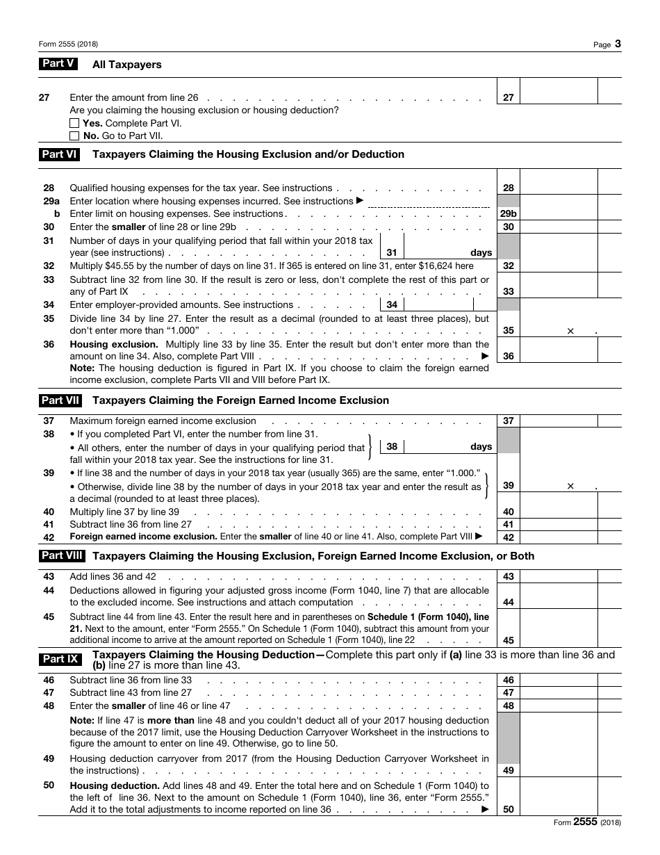 IRS Form 2555 - 2018 - Fill Out, Sign Online and Download Fillable PDF ...