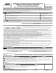 Document preview: IRS Form 4029 Application for Exemption From Social Security and Medicare Taxes and Waiver of Benefits