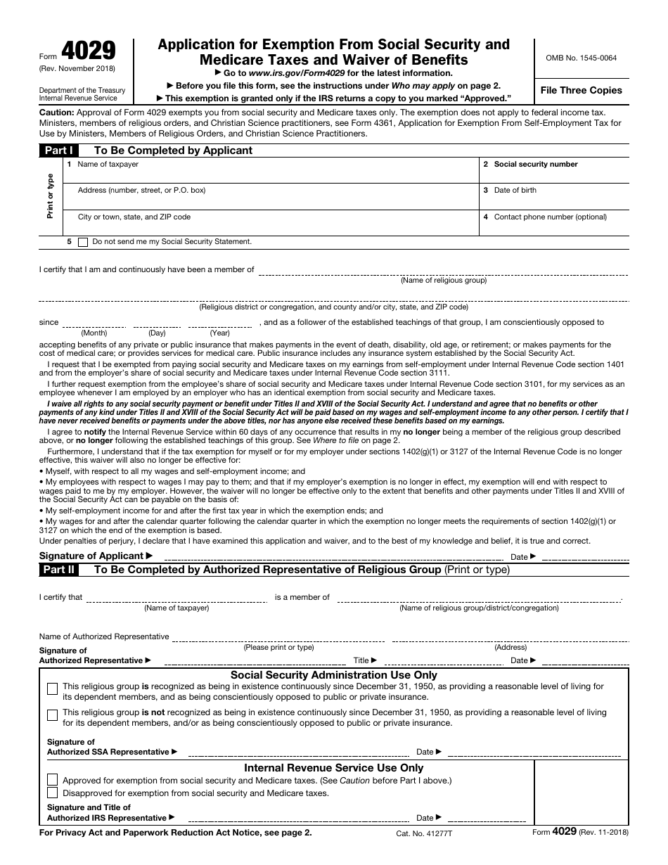 IRS Form 4029 Application for Exemption From Social Security and Medicare Taxes and Waiver of Benefits, Page 1