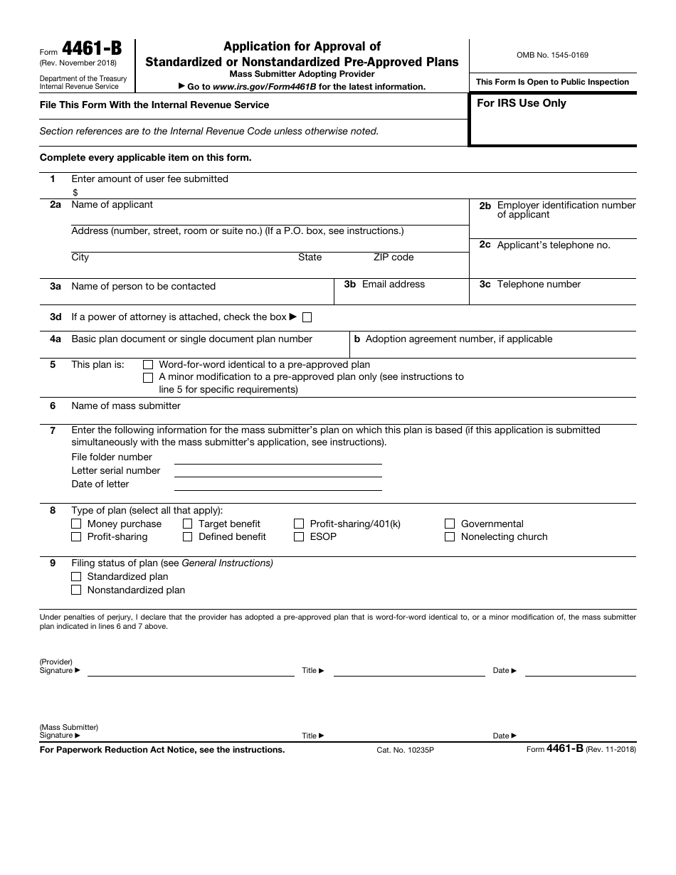 IRS Form 4461-B Application for Approval of Standardized or Nonstandardized Pre-approved Plans, Page 1