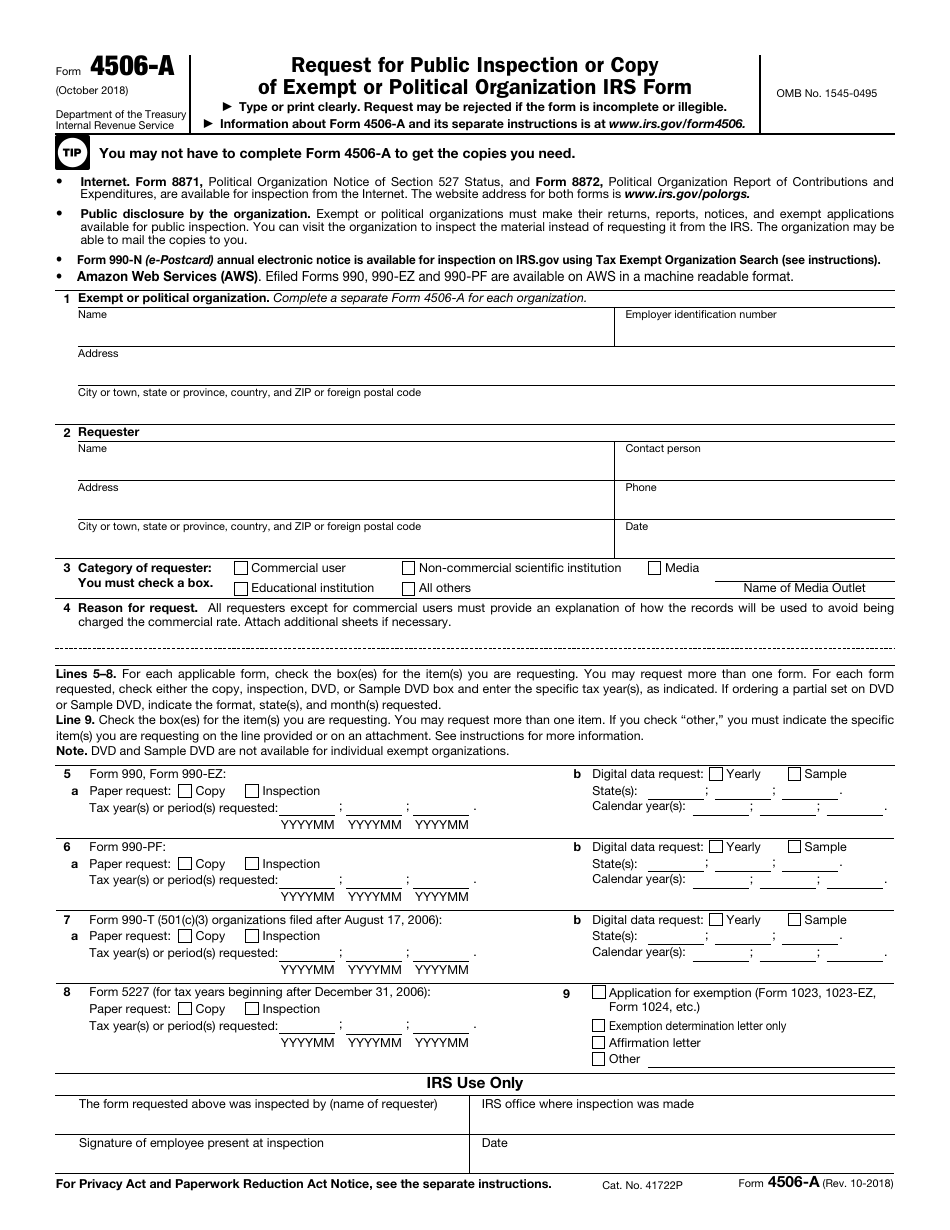 IRS Form 4506-A Request for Public Inspection or Copy of Exempt or Political Organization IRS Form, Page 1