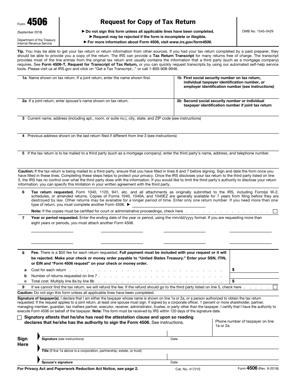 IRS Form 4506 Request for Copy of Tax Return, Page 1