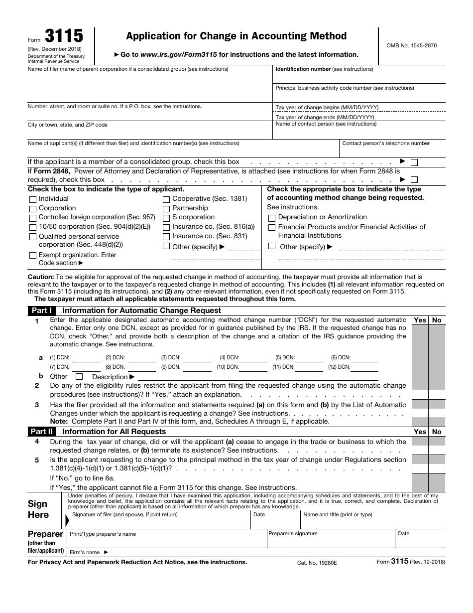 IRS Form 3115 Application for Change in Accounting Method, Page 1