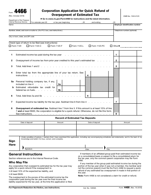 IRS Form 4466  Printable Pdf