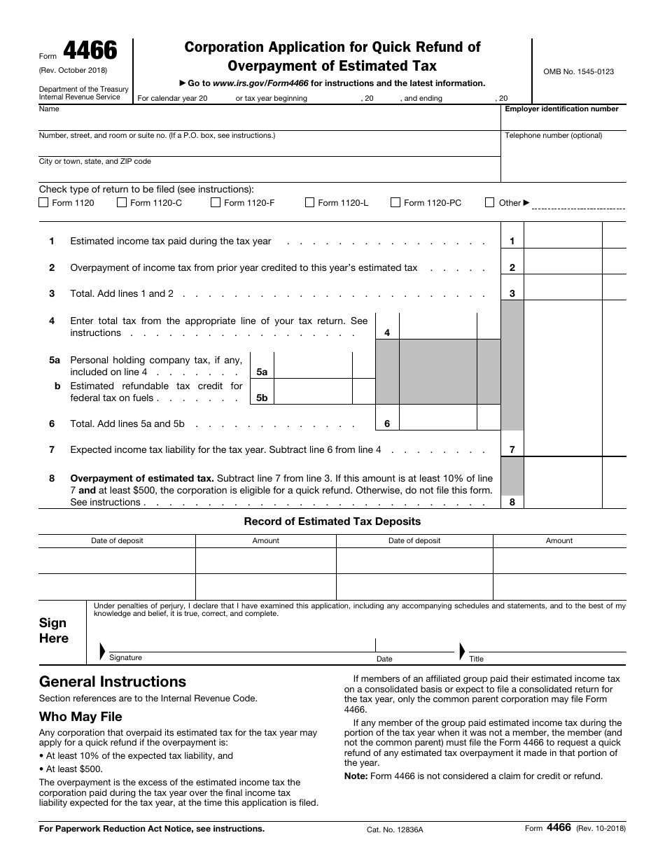 IRS Form 4466 Corporation Application for Quick Refund of Overpayment of Estimated Tax, Page 1