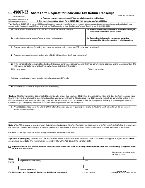 IRS Form 4506T-EZ  Printable Pdf