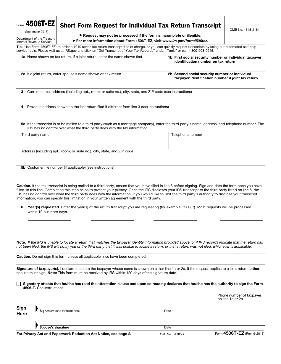 IRS Form 4506T-EZ Short Form Request for Individual Tax Return Transcript, Page 1