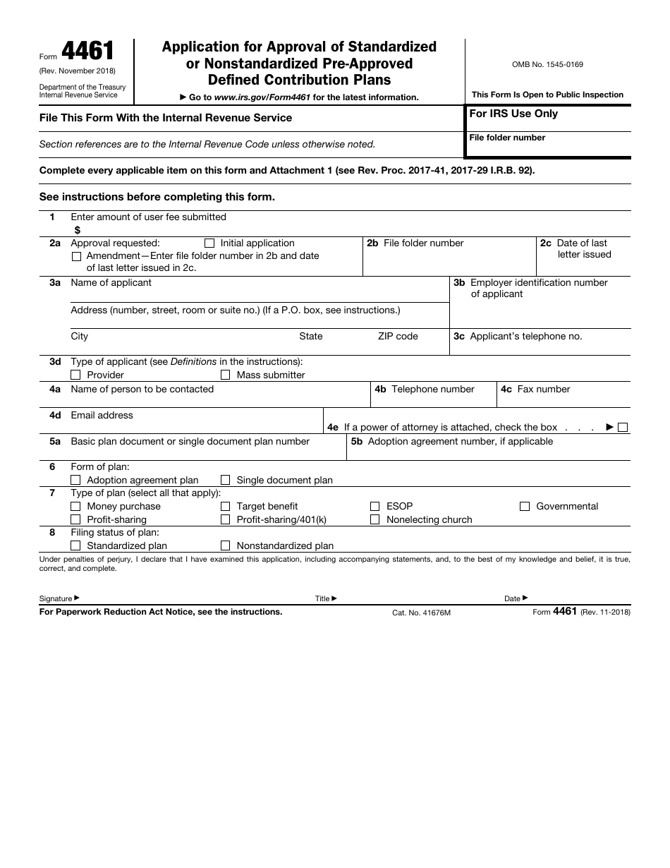 IRS Form 4461 Application for Approval of Standardized or Nonstandardized Pre-approved Defined Contribution Plans, Page 1