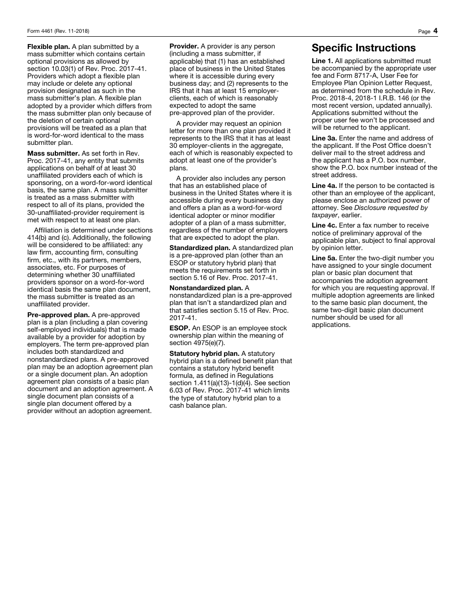 IRS Form 4461 Application for Approval of Standardized or Nonstandardized Pre-approved Defined Contribution Plans, Page 4