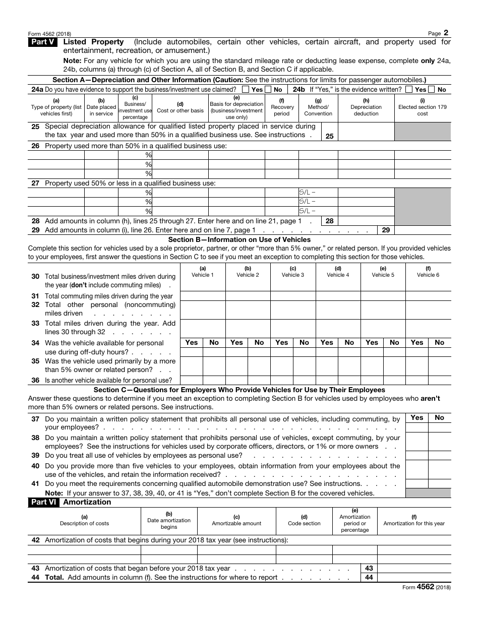 IRS Form 4562 Depreciation and Amortization (Including Information on Listed Property), Page 2