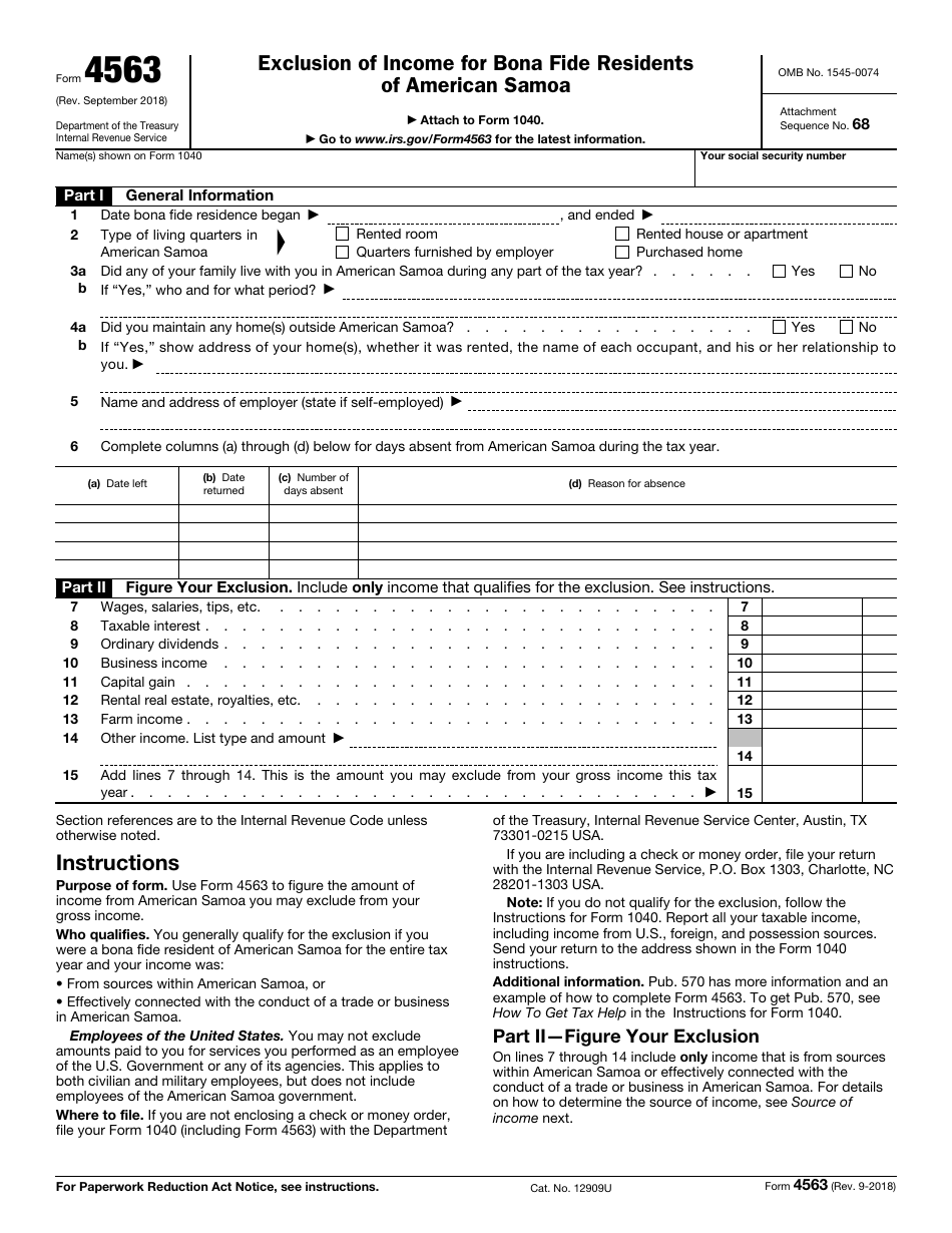 IRS Form 4563 Exclusion of Income for Bona Fide Residents of American Samoa, Page 1