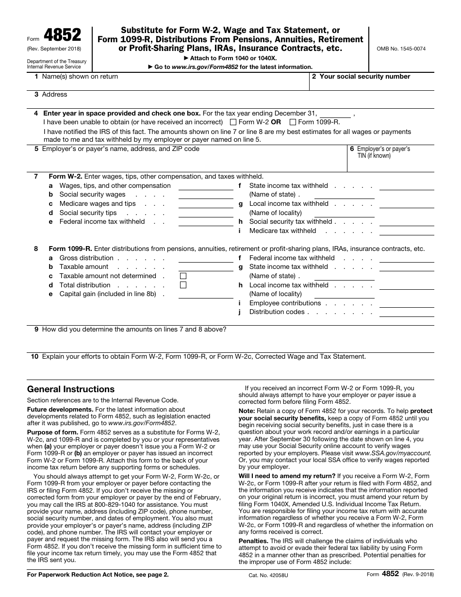 Irs Form 4852 - Fill Out, Sign Online And Download Fillable Pdf 