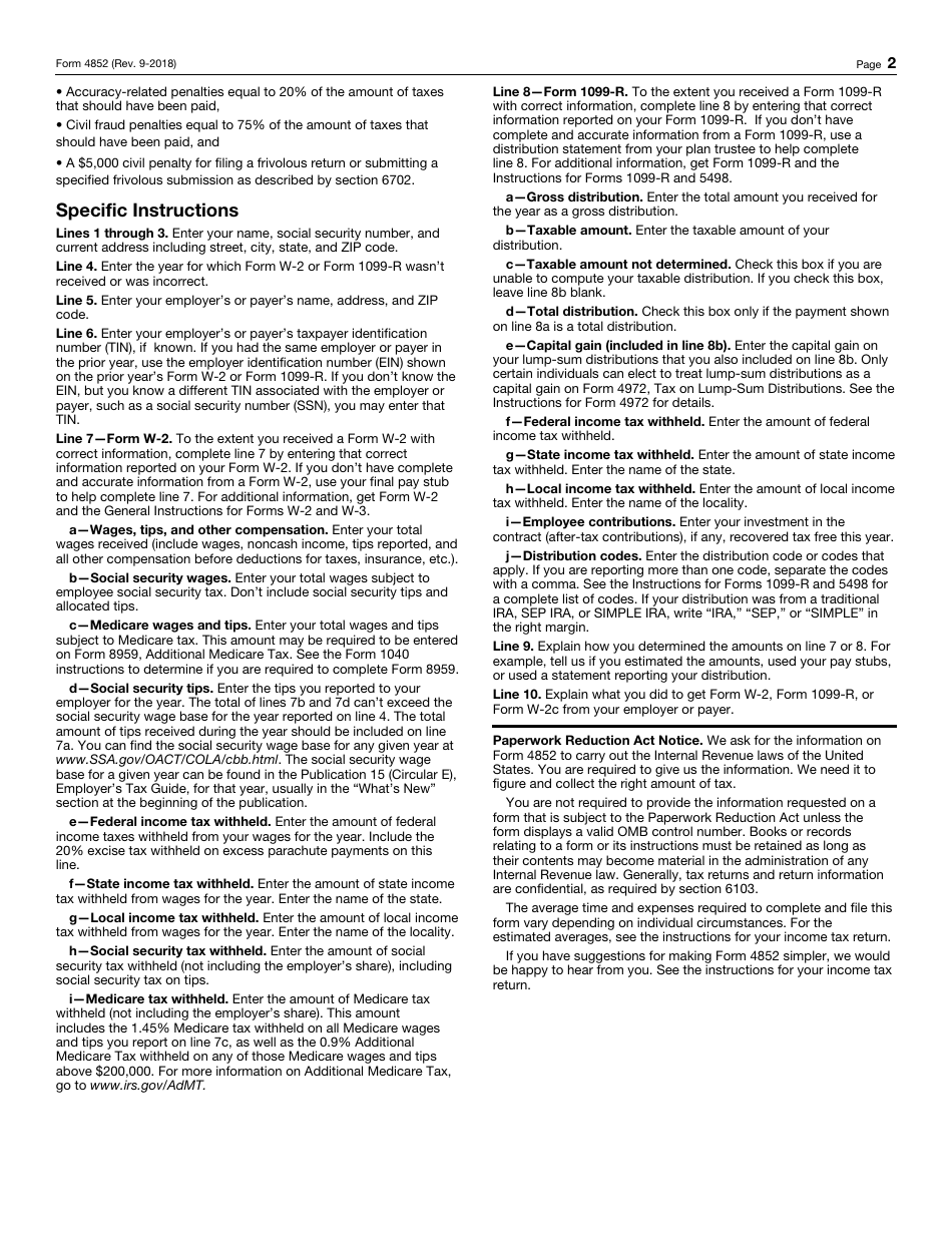 IRS Form 4852 - Fill Out, Sign Online and Download Fillable PDF ...