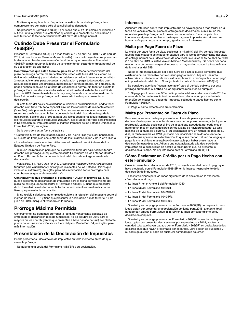 IRS Formulario 4868(SP) - 2018 - Fill Out, Sign Online And Download ...