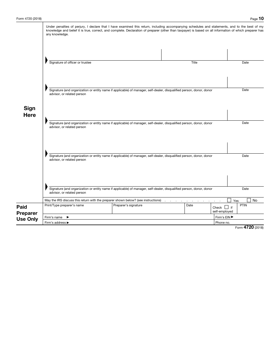 IRS Form 4720 Return of Certain Excise Taxes Under Chapters 41 and 42 of the Internal Revenue Code, Page 10