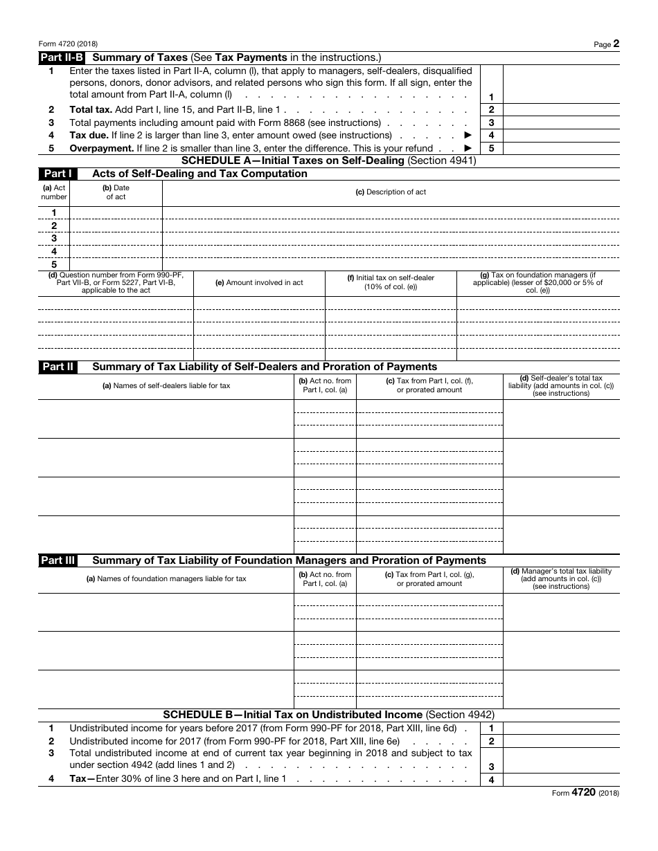 IRS Form 4720 Return of Certain Excise Taxes Under Chapters 41 and 42 of the Internal Revenue Code, Page 2