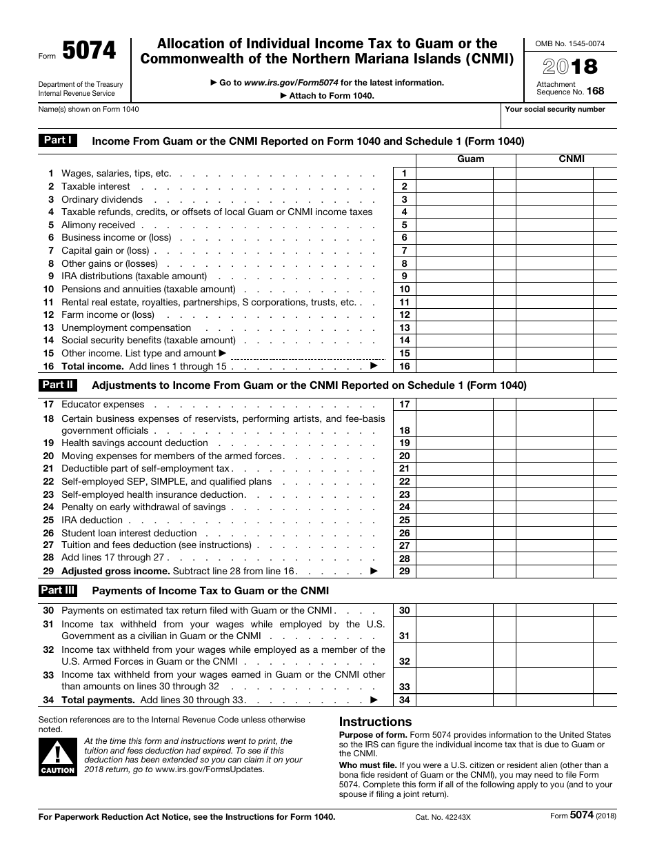 IRS Form 5074 Allocation of Individual Income Tax to Guam or the Commonwealth of the Northern Mariana Islands (CNMI), Page 1