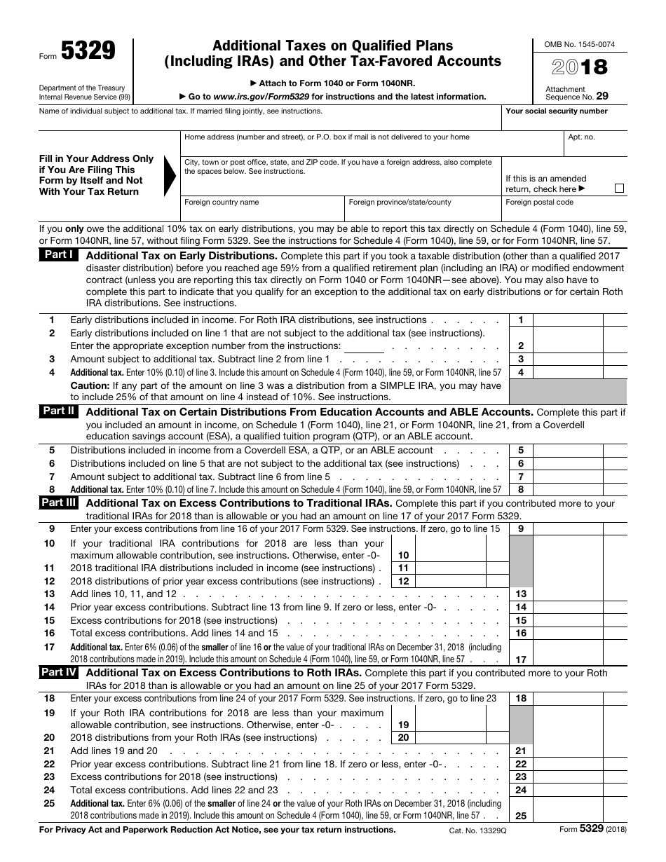 IRS Form 5329 Additional Taxes on Qualified Plans (Including IRAs) and Other Tax-Favored Accounts, Page 1