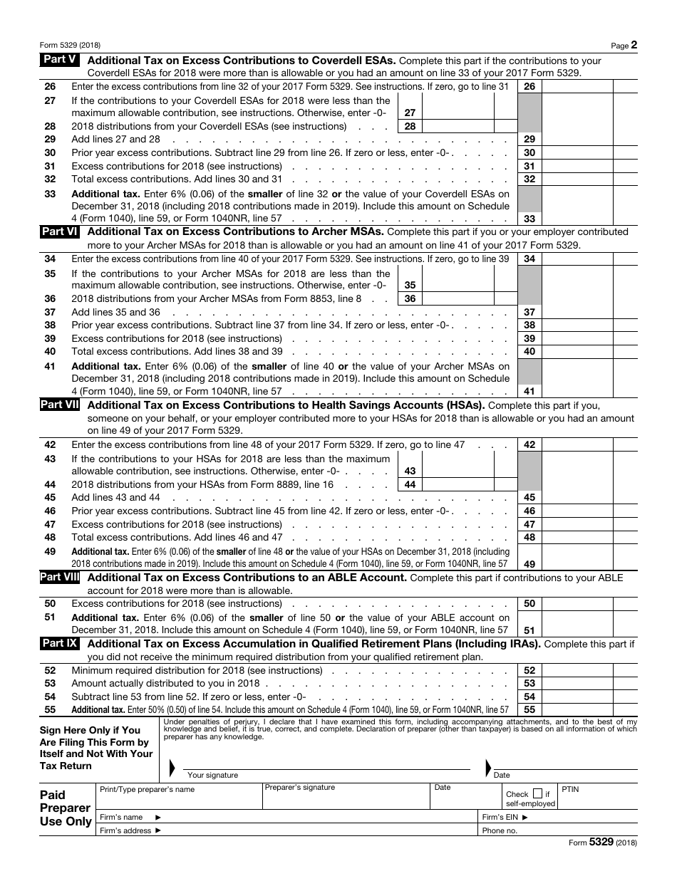 IRS Form 5329 Additional Taxes on Qualified Plans (Including IRAs) and Other Tax-Favored Accounts, Page 2