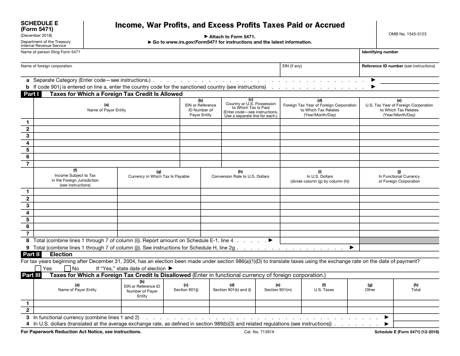 IRS Form 5471 Schedule E Income, War Profits, and Excess Profits Taxes Paid or Accrued, Page 1