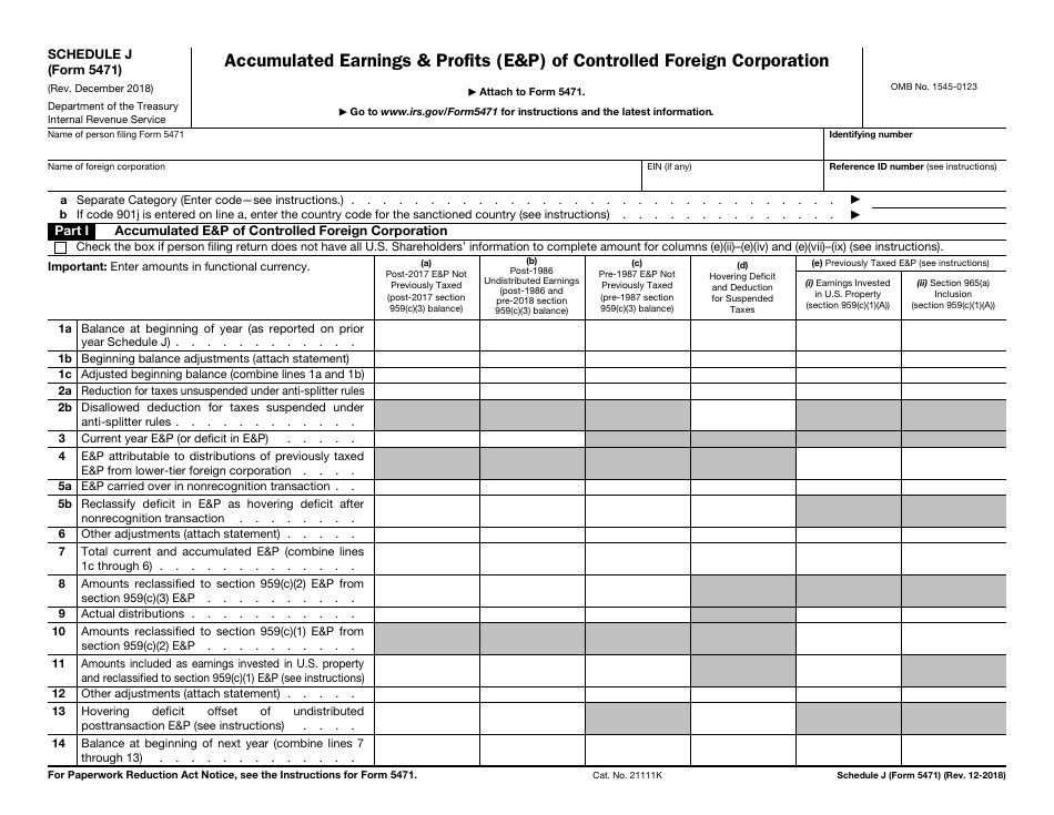 IRS Form 5471 Schedule J Accumulated Earnings  Profits (Ep) of Controlled Foreign Corporation, Page 1
