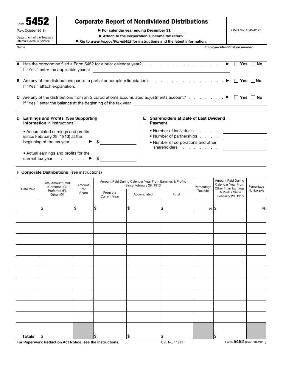 IRS Form 5452 Corporate Report of Nondividend Distributions, Page 1