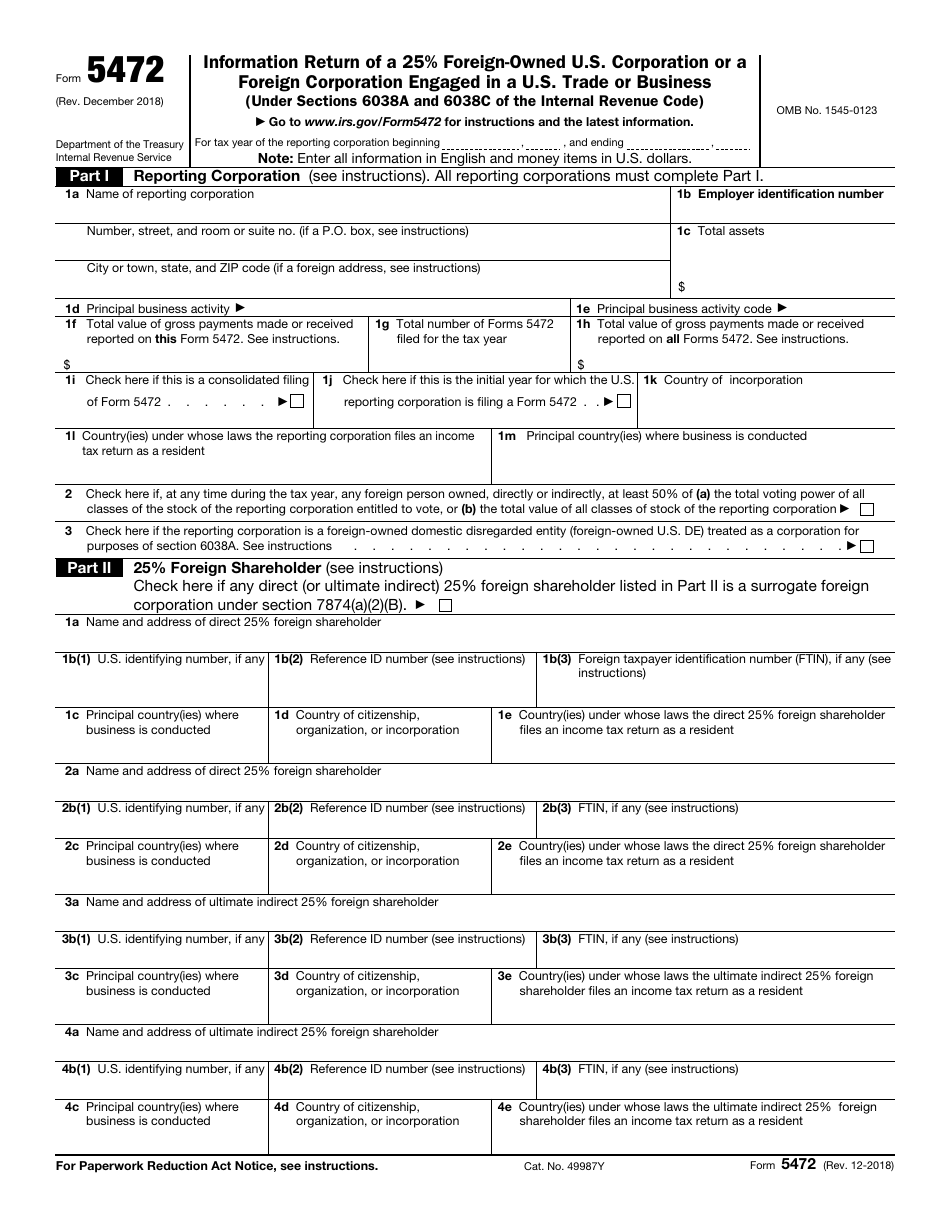 IRS Form 5472 Information Return of a 25% Foreign-Owned U.S. Corporation or a Foreign Corporation Engaged in a U.S. Trade or Business (Under Sections 6038a and 6038c of the Internal Revenue Code), Page 1