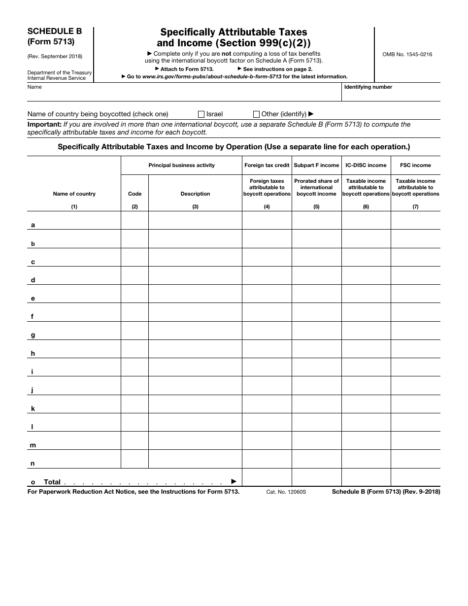 IRS Form 5713 Schedule B Specifically Attributable Taxes and Income (Section 999(C)(2)), Page 1