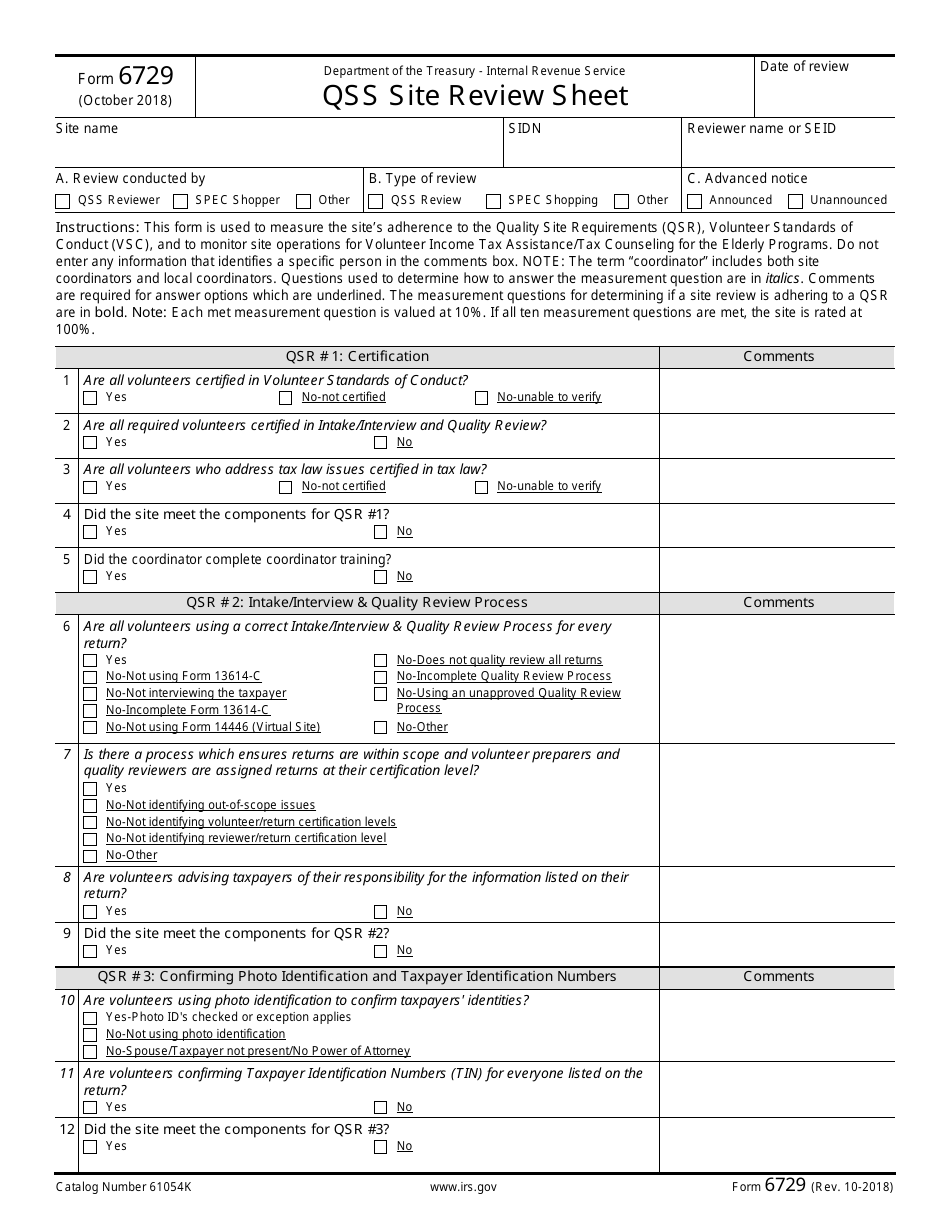 IRS Form 6729 Qss Site Review Sheet, Page 1